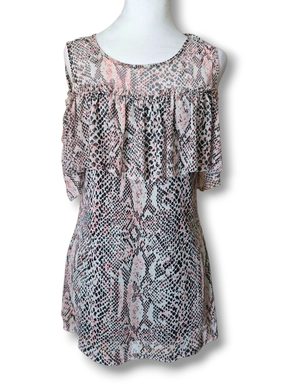 Ny Collection Snake-Print Ruffle Cold-Shoulder Top - Size Small
